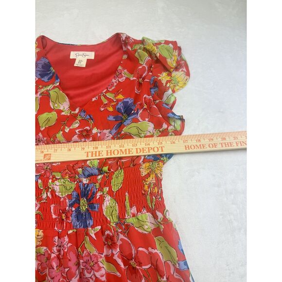 Jessica Simpson Dress Womens Medium Red Floral Ruffle Sleeve Smocked Waist Midi - Picture 9 of 12